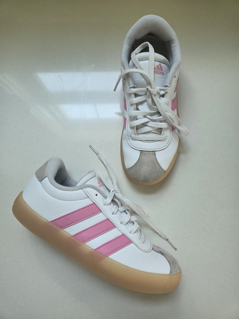 adidas Kids White Sneakers with Pink Stripes